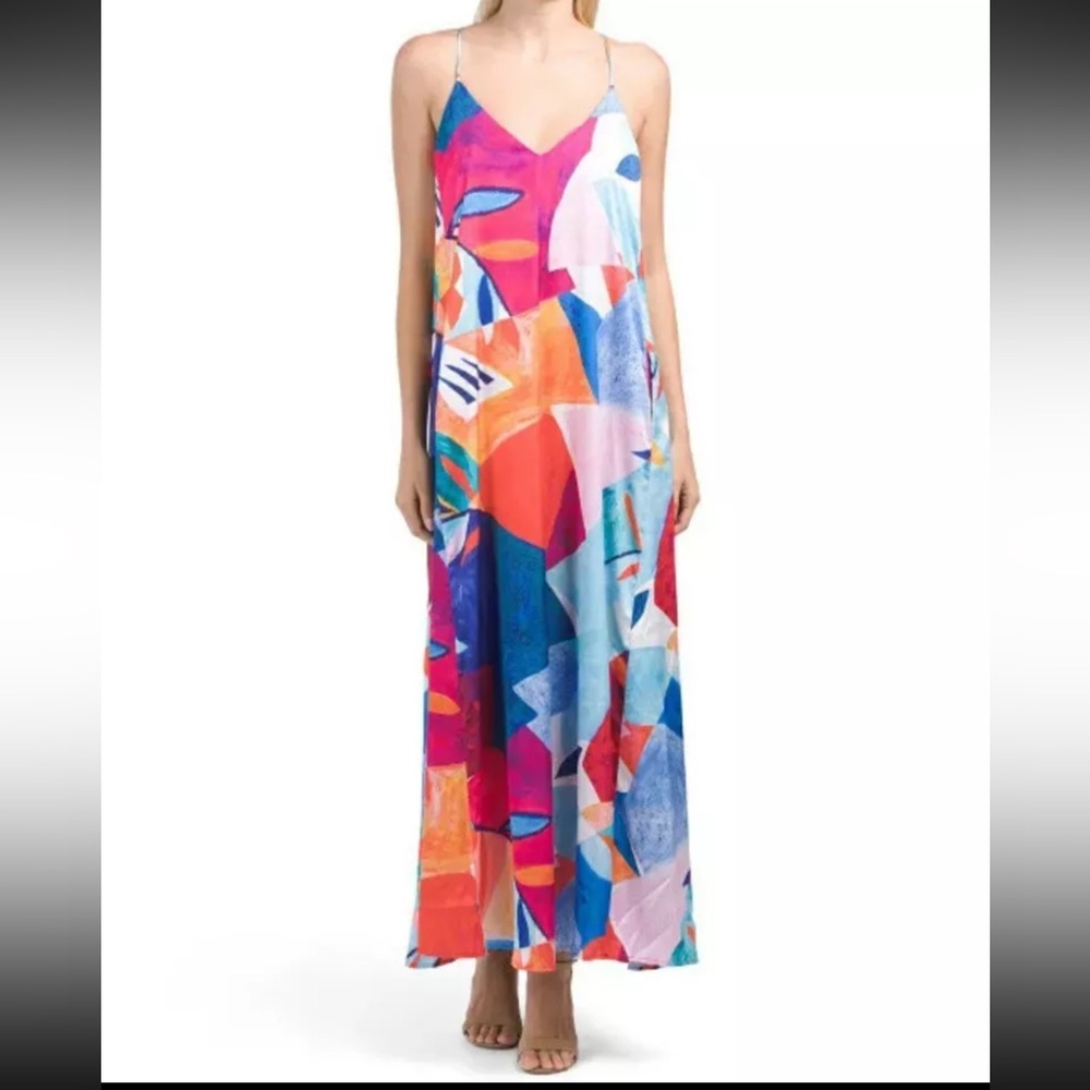 NWT* Nicole Miller Abstract  Satin Maxi dress with pockets XS *NEW